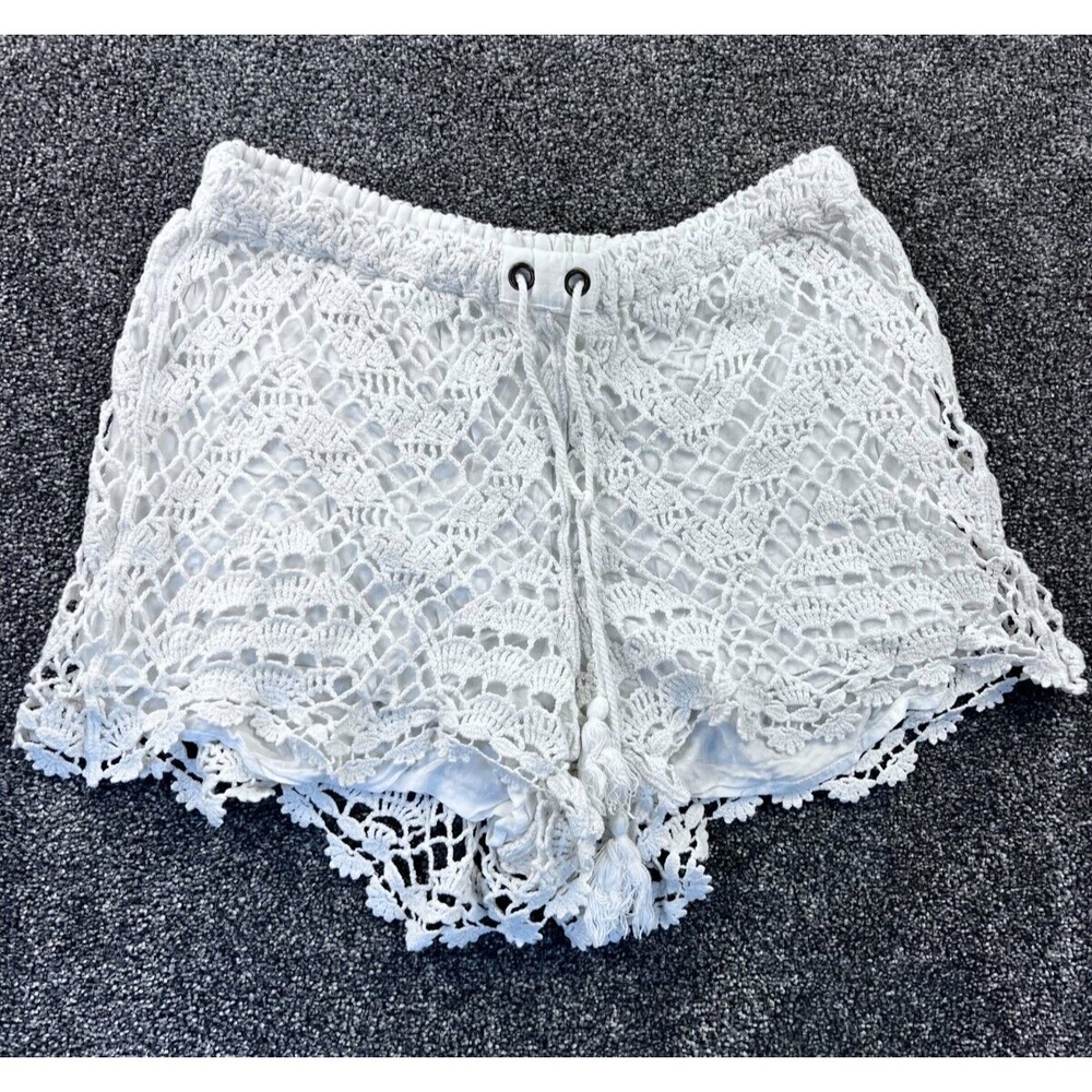 Anthropologie Short Womens Crochet Boho Beach Stretch High Rise Tie‎ Waist White